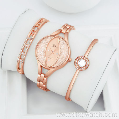 3PCS Charm Special Design Watch Gift Set Bracelet Quartz Watch Small Dial Golden Bracelets Gift Sets with Gift Box Wristwatch